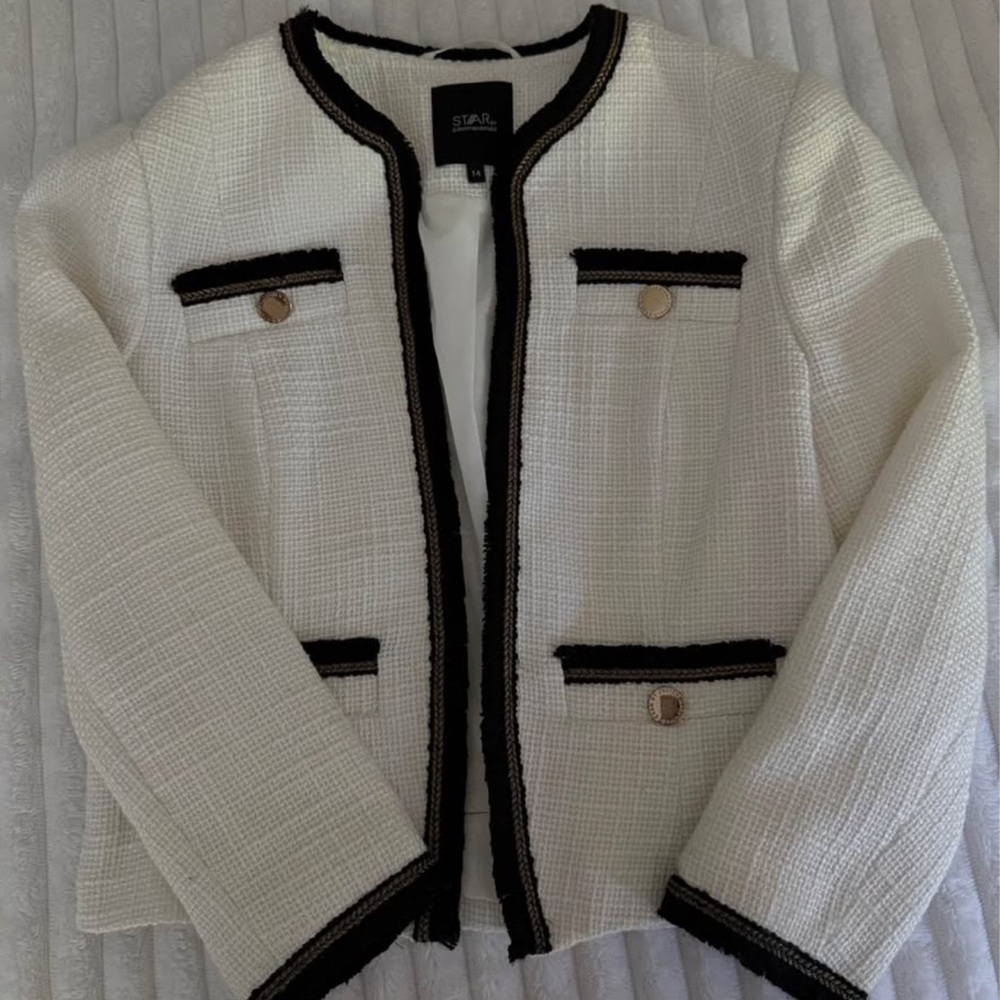 White Tweed Open-Front Jacket with Black Trim